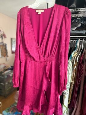 Michael Kors Fuchsia Wrap-Style Long-Sleeve Dress